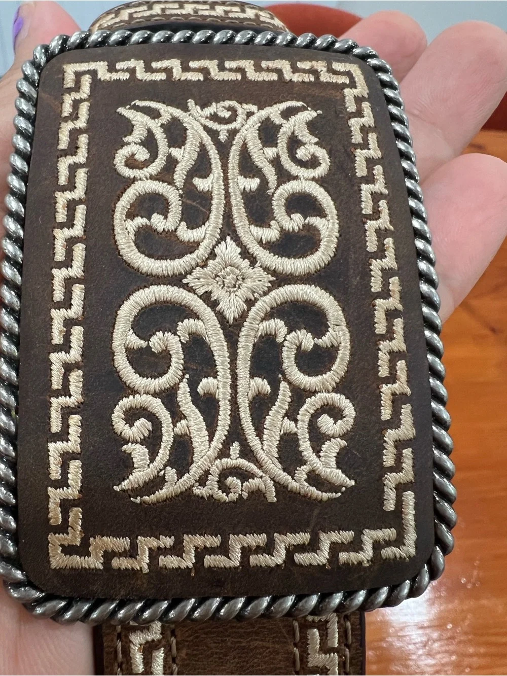 New Nocona Brown Leather Belt with Cream Embroidered Scroll Buckle